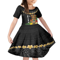 Hawaii Plumeria Lei Family Matching Puletasi and Hawaiian Shirt Tiki and Kakau Pattern Black Color LT03 Daughter's Dress Black - Polynesian Pride
