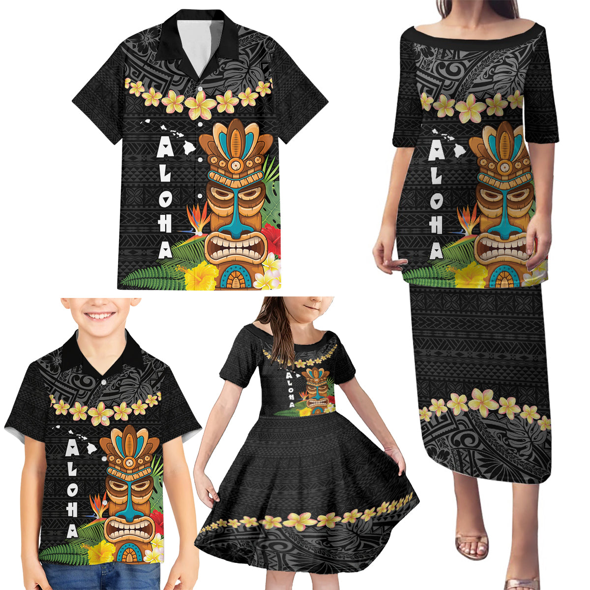 Hawaii Plumeria Lei Family Matching Puletasi and Hawaiian Shirt Tiki and Kakau Pattern Black Color LT03 - Polynesian Pride