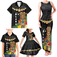 Hawaii Plumeria Lei Family Matching Tank Maxi Dress and Hawaiian Shirt Tiki and Kakau Pattern Black Color