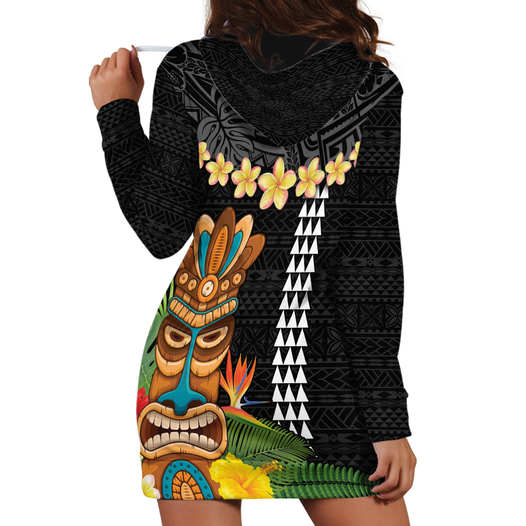 Hawaii Plumeria Lei Hoodie Dress Tiki and Kakau Pattern Black Color LT03 - Polynesian Pride
