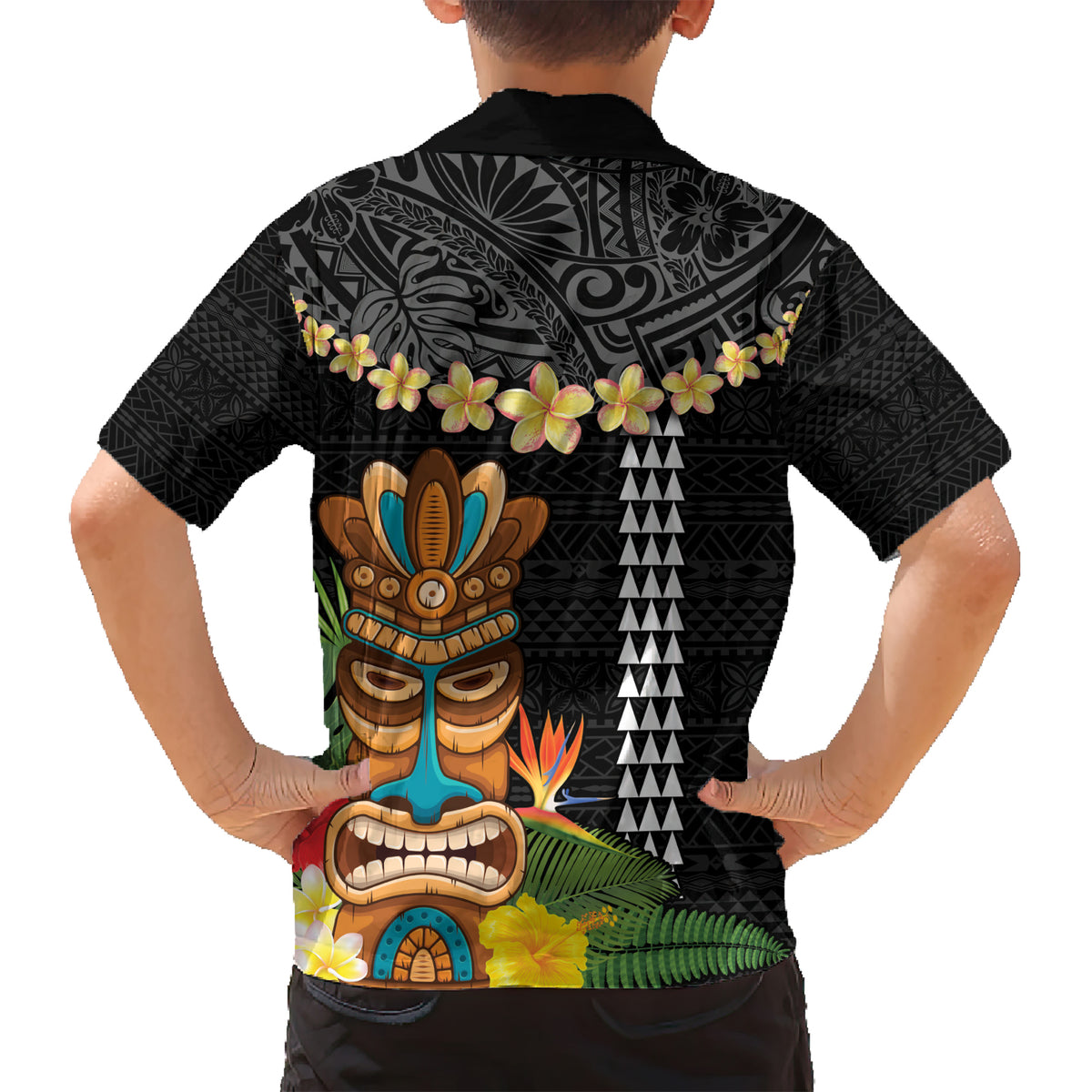 Hawaii Plumeria Lei Kid Hawaiian Shirt Tiki and Kakau Pattern Black Color