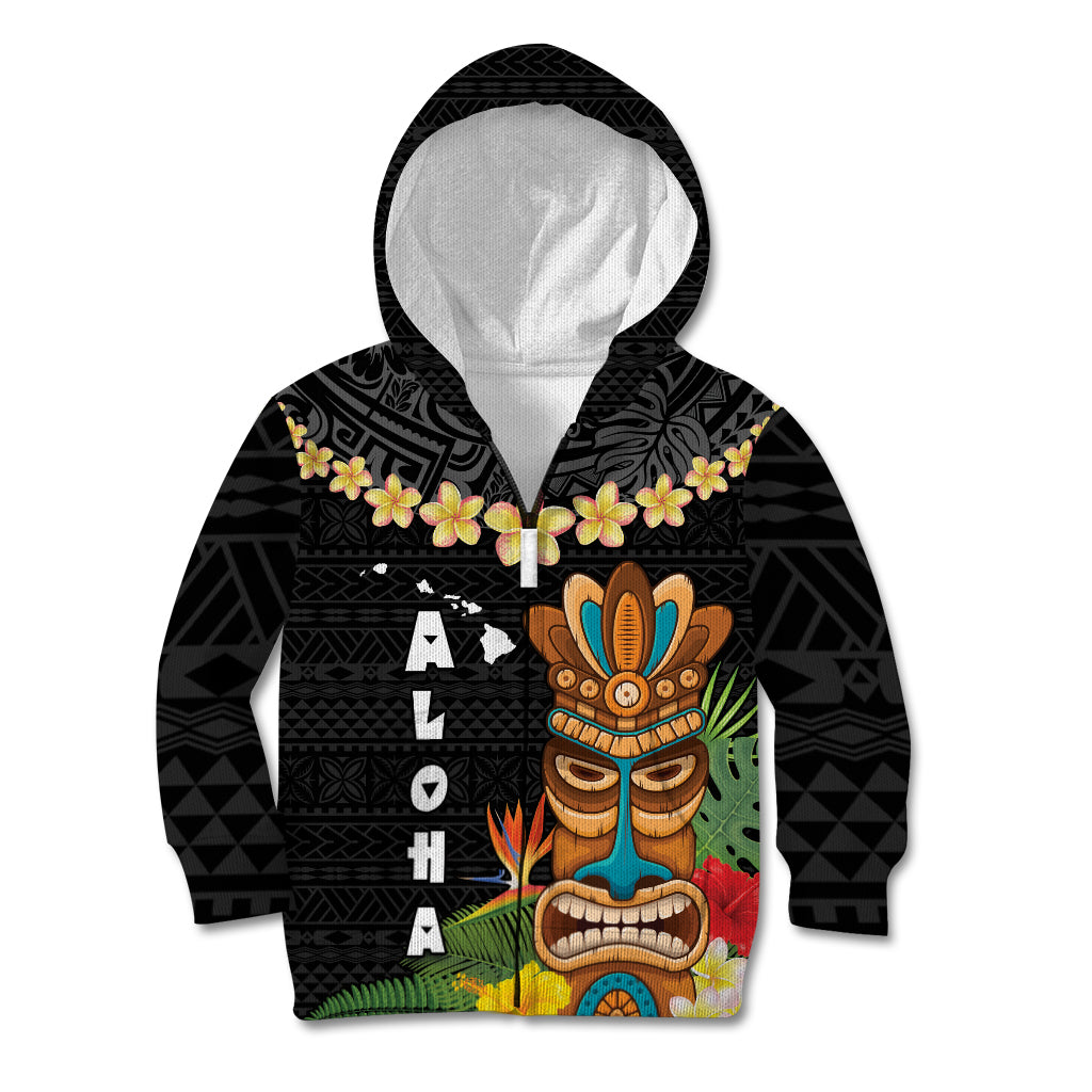 Hawaii Plumeria Lei Kid Hoodie Tiki and Kakau Pattern Black Color LT03 Zip Hoodie Black - Polynesian Pride