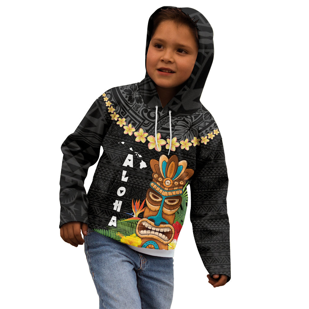 Hawaii Plumeria Lei Kid Hoodie Tiki and Kakau Pattern Black Color LT03 - Polynesian Pride