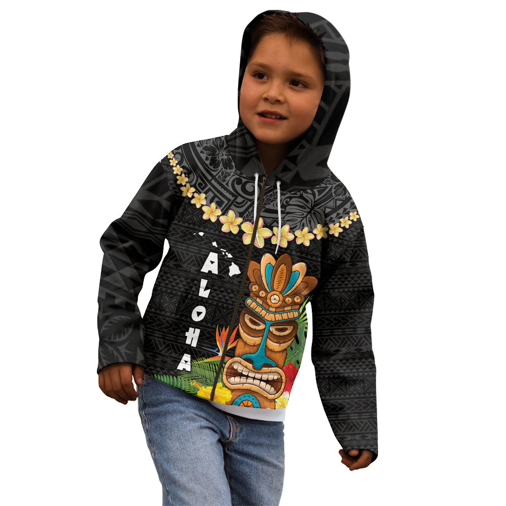 Hawaii Plumeria Lei Kid Hoodie Tiki and Kakau Pattern Black Color LT03 - Polynesian Pride