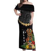 Hawaii Plumeria Lei Off Shoulder Maxi Dress Tiki and Kakau Pattern Black Color LT03 Women Black - Polynesian Pride