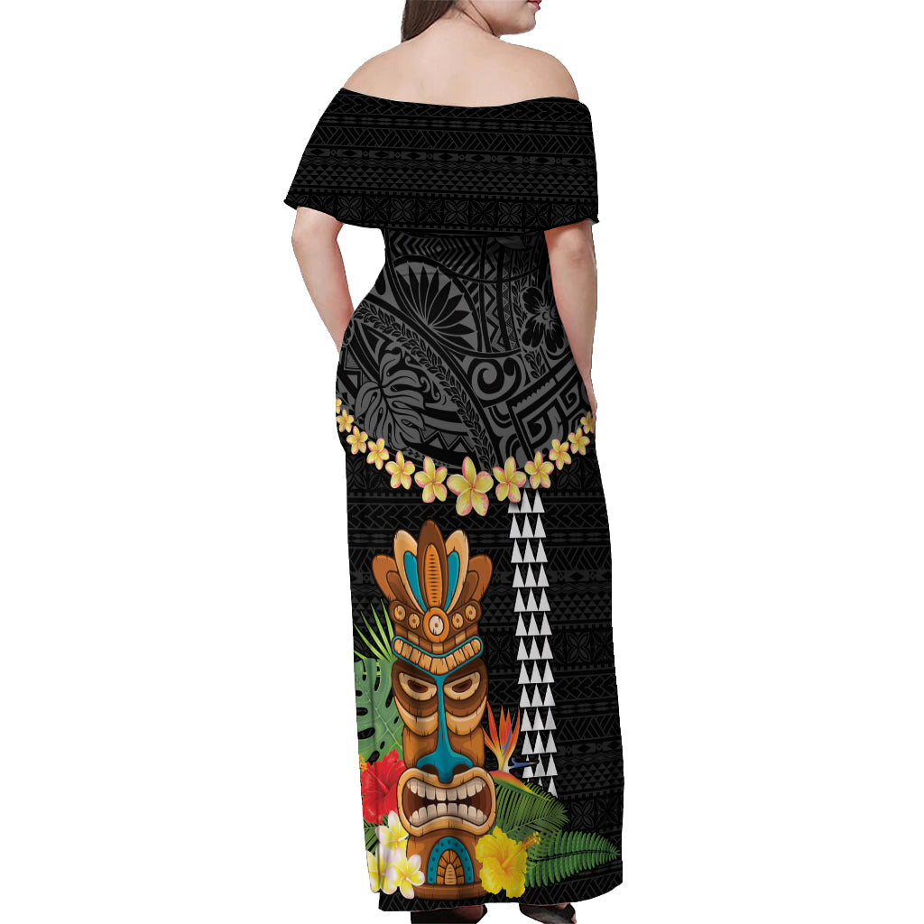 Hawaii Plumeria Lei Off Shoulder Maxi Dress Tiki and Kakau Pattern Black Color LT03 - Polynesian Pride