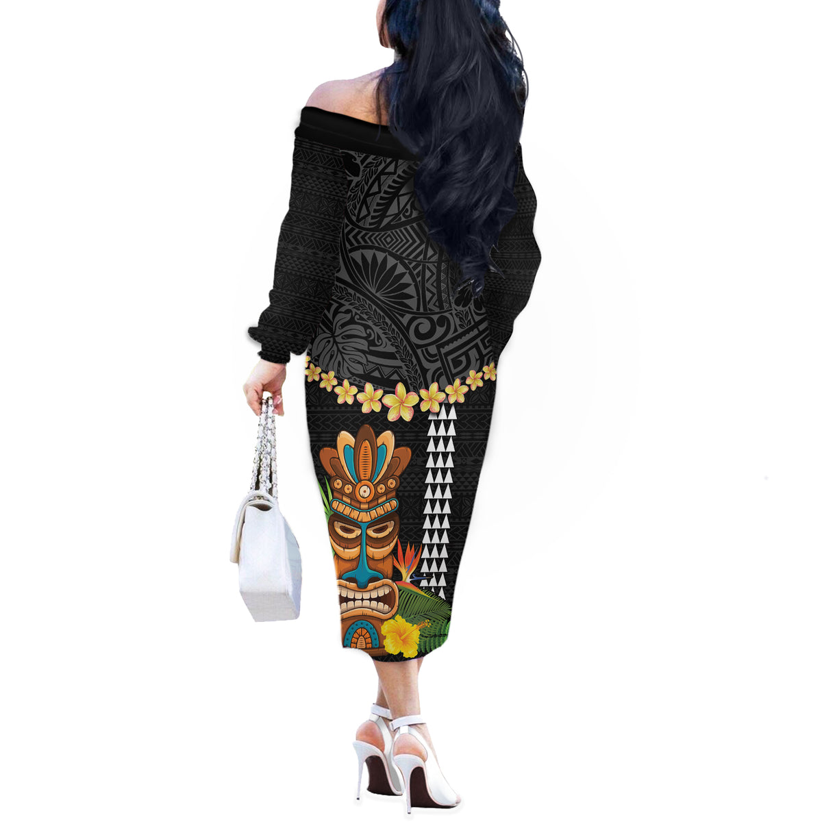 Hawaii Plumeria Lei Off The Shoulder Long Sleeve Dress Tiki and Kakau Pattern Black Color LT03 - Polynesian Pride