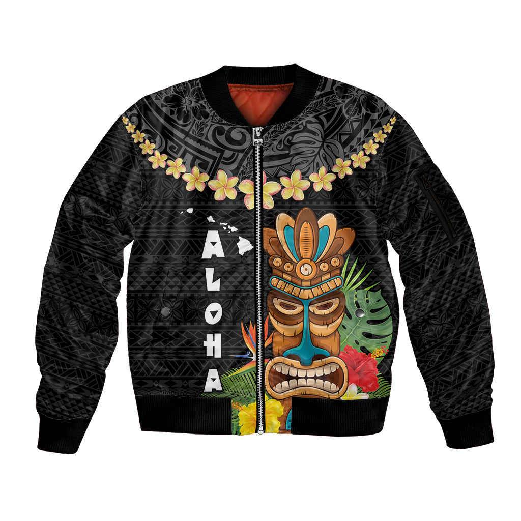 Hawaii Plumeria Lei Sleeve Zip Bomber Jacket Tiki and Kakau Pattern Black Color LT03 Unisex Black - Polynesian Pride