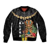 Hawaii Plumeria Lei Sleeve Zip Bomber Jacket Tiki and Kakau Pattern Black Color LT03 Unisex Black - Polynesian Pride