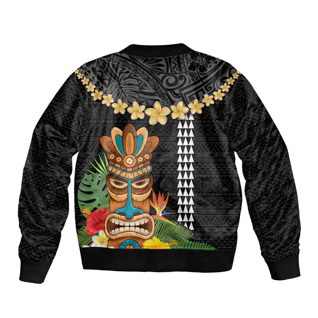 Hawaii Plumeria Lei Sleeve Zip Bomber Jacket Tiki and Kakau Pattern Black Color LT03 - Polynesian Pride
