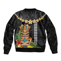 Hawaii Plumeria Lei Sleeve Zip Bomber Jacket Tiki and Kakau Pattern Black Color LT03 - Polynesian Pride