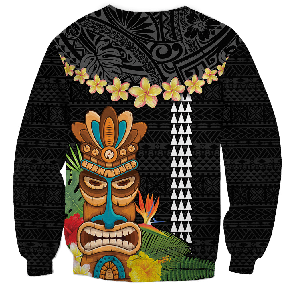 Hawaii Plumeria Lei Sweatshirt Tiki and Kakau Pattern Black Color LT03 - Polynesian Pride