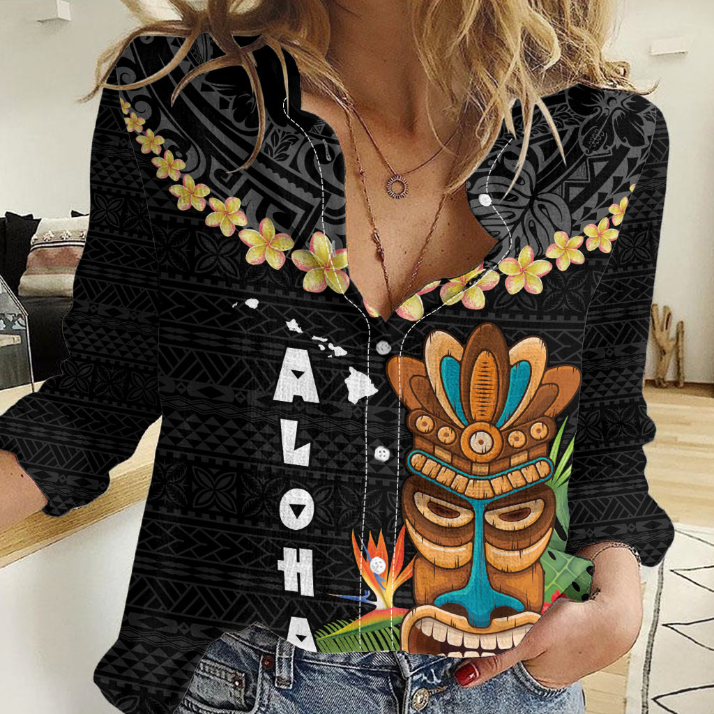 Hawaii Plumeria Lei Women Casual Shirt Tiki and Kakau Pattern Black Color LT03 Female Black - Polynesian Pride