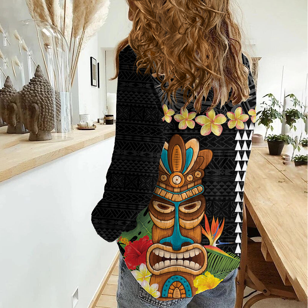 Hawaii Plumeria Lei Women Casual Shirt Tiki and Kakau Pattern Black Color LT03 - Polynesian Pride
