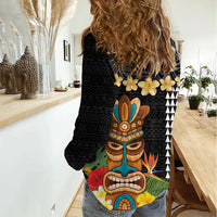 Hawaii Plumeria Lei Women Casual Shirt Tiki and Kakau Pattern Black Color LT03 - Polynesian Pride