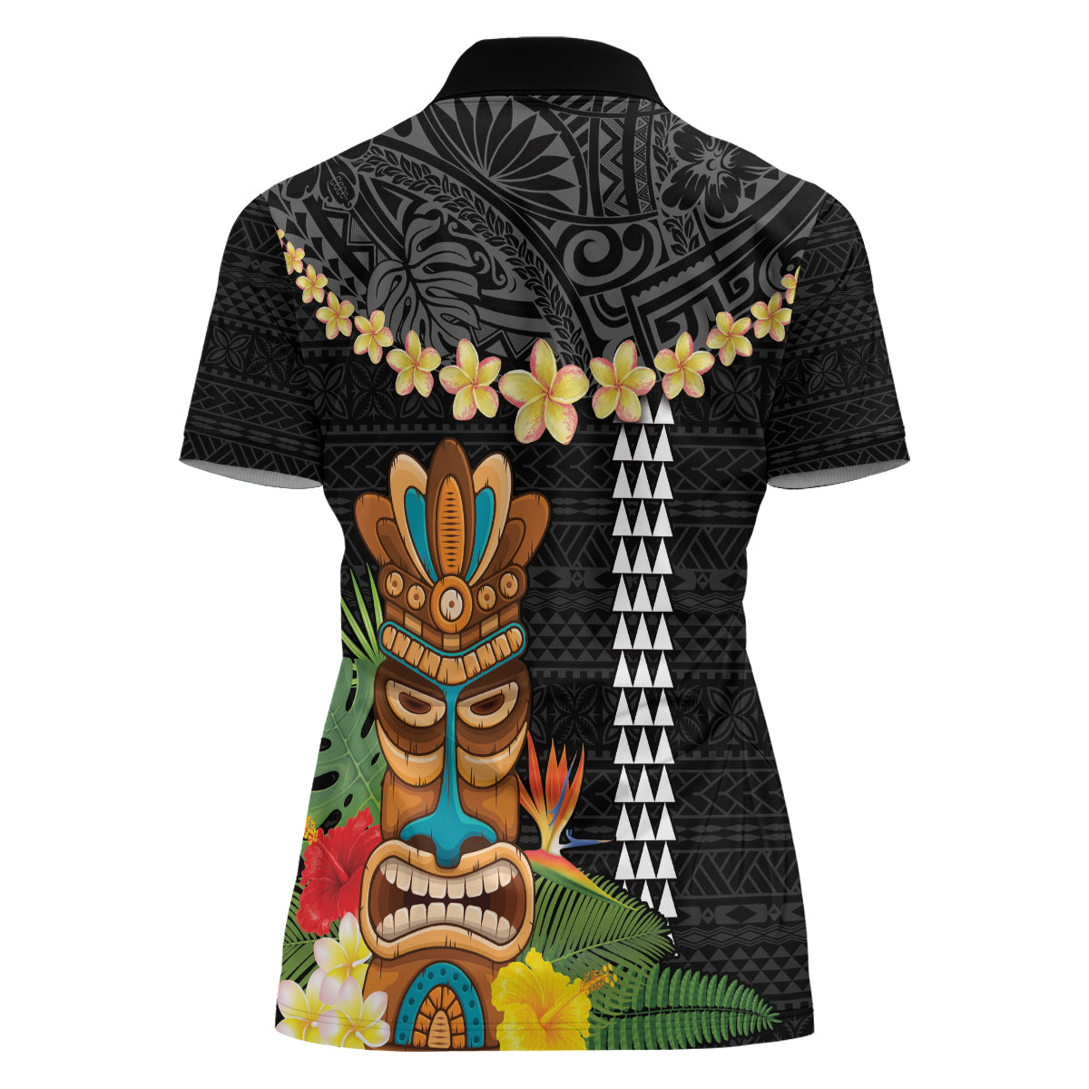 Hawaii Plumeria Lei Women Polo Shirt Tiki and Kakau Pattern Black Color