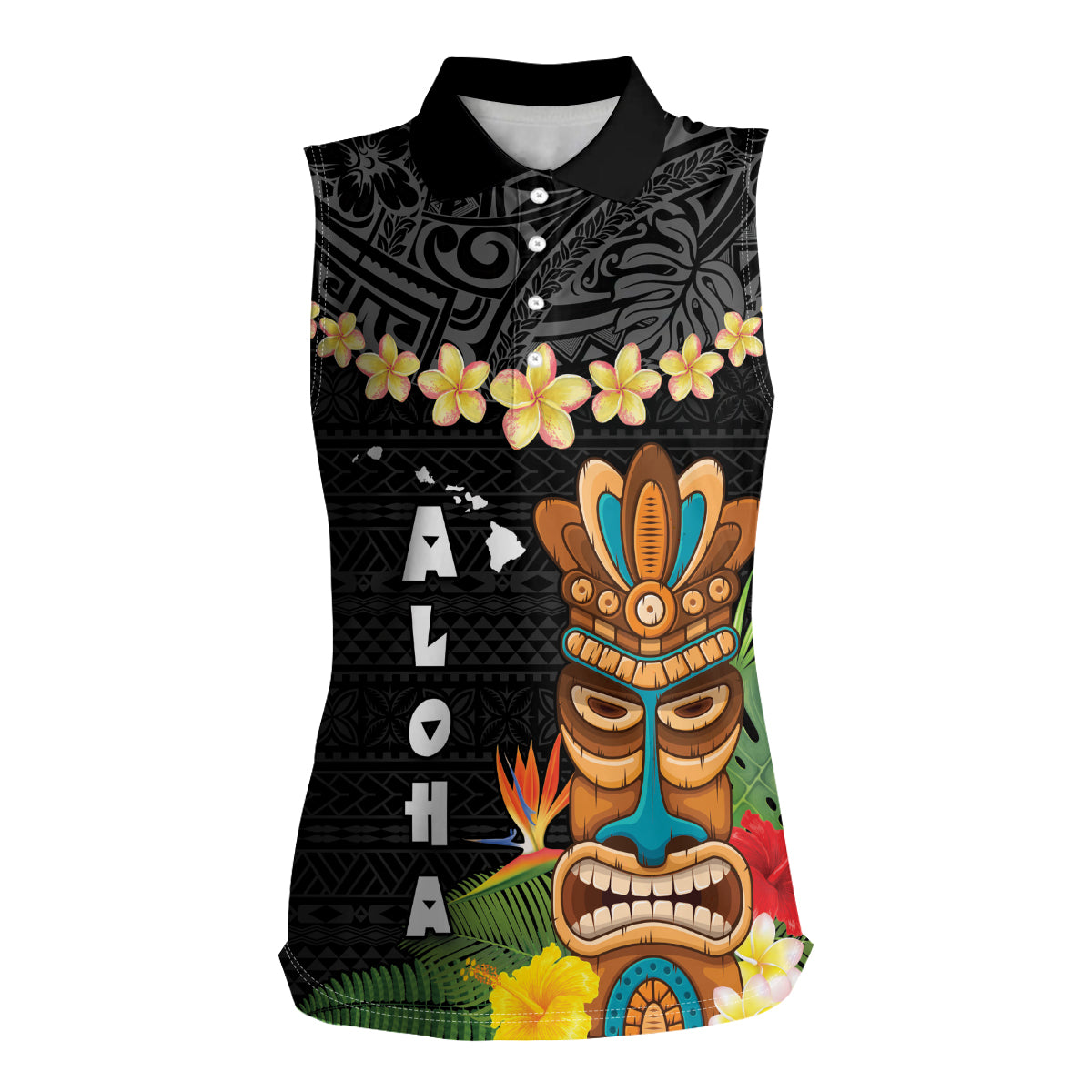 Hawaii Plumeria Lei Women Sleeveless Polo Shirt Tiki and Kakau Pattern Black Color LT03 Female Black - Polynesian Pride