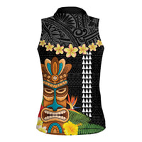 Hawaii Plumeria Lei Women Sleeveless Polo Shirt Tiki and Kakau Pattern Black Color LT03 - Polynesian Pride