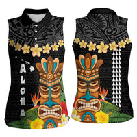 Hawaii Plumeria Lei Women Sleeveless Polo Shirt Tiki and Kakau Pattern Black Color LT03 - Polynesian Pride