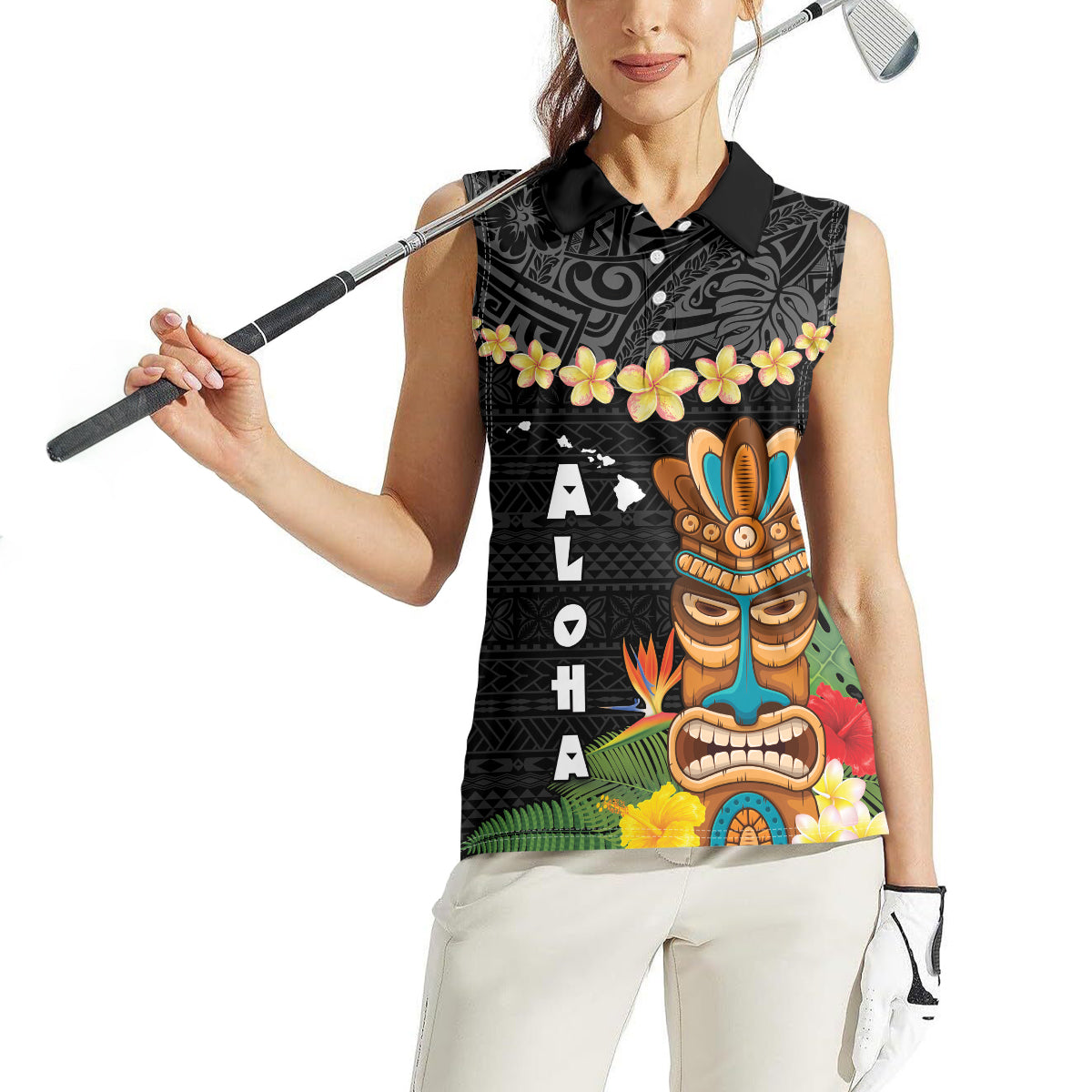 Hawaii Plumeria Lei Women Sleeveless Polo Shirt Tiki and Kakau Pattern Black Color LT03 - Polynesian Pride