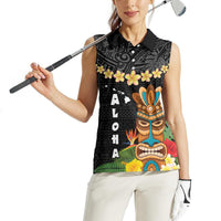 Hawaii Plumeria Lei Women Sleeveless Polo Shirt Tiki and Kakau Pattern Black Color LT03 - Polynesian Pride