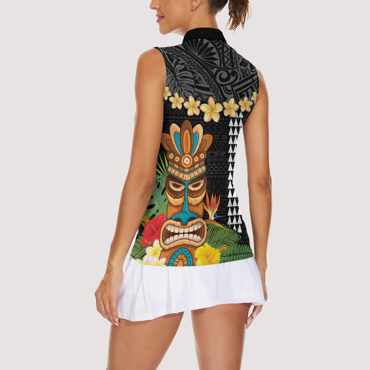 Hawaii Plumeria Lei Women Sleeveless Polo Shirt Tiki and Kakau Pattern Black Color LT03 - Polynesian Pride