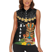 Hawaii Plumeria Lei Women Sleeveless Polo Shirt Tiki and Kakau Pattern Black Color LT03 - Polynesian Pride