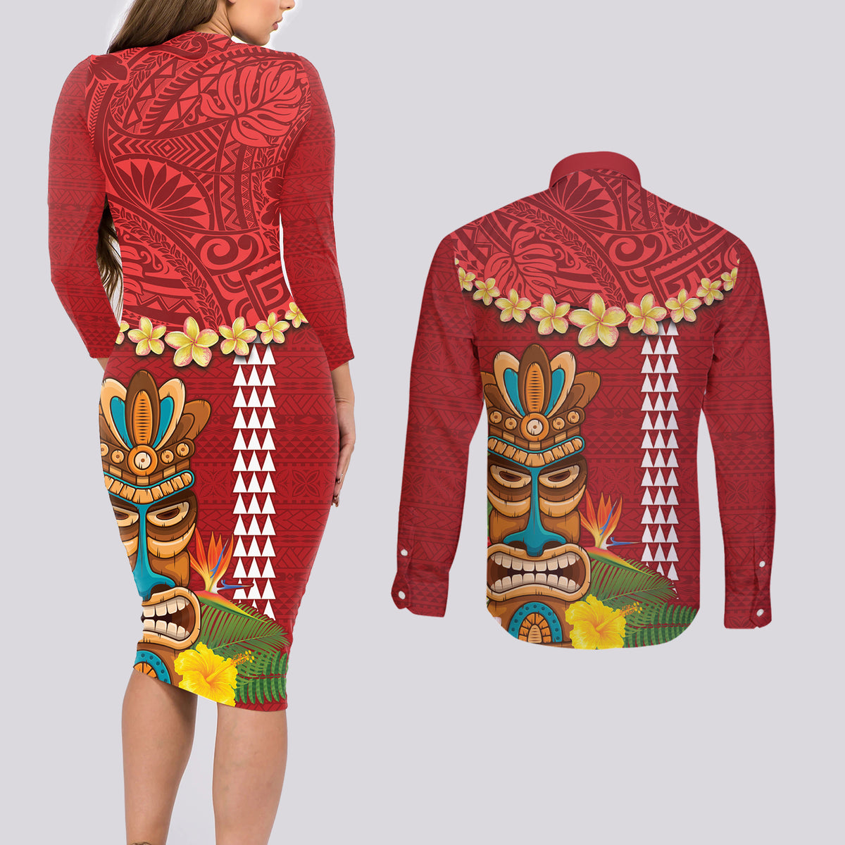 Hawaii Plumeria Lei Couples Matching Long Sleeve Bodycon Dress and Long Sleeve Button Shirt Tiki and Kakau Pattern Red Color