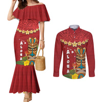 Hawaii Plumeria Lei Couples Matching Mermaid Dress and Long Sleeve Button Shirt Tiki and Kakau Pattern Red Color