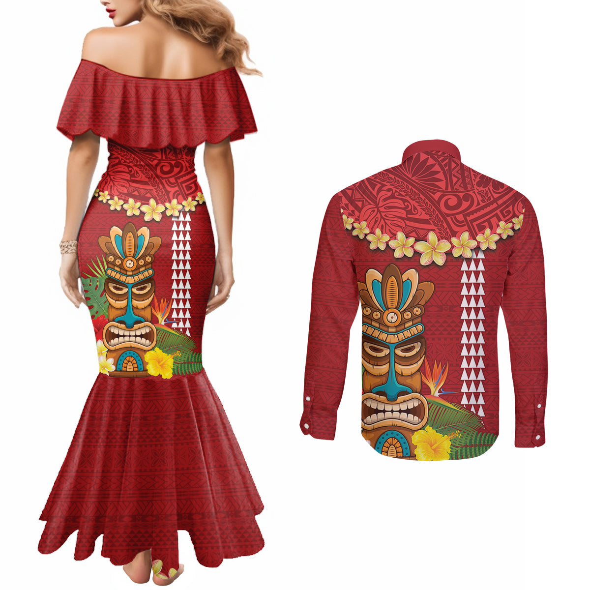 Hawaii Plumeria Lei Couples Matching Mermaid Dress and Long Sleeve Button Shirt Tiki and Kakau Pattern Red Color