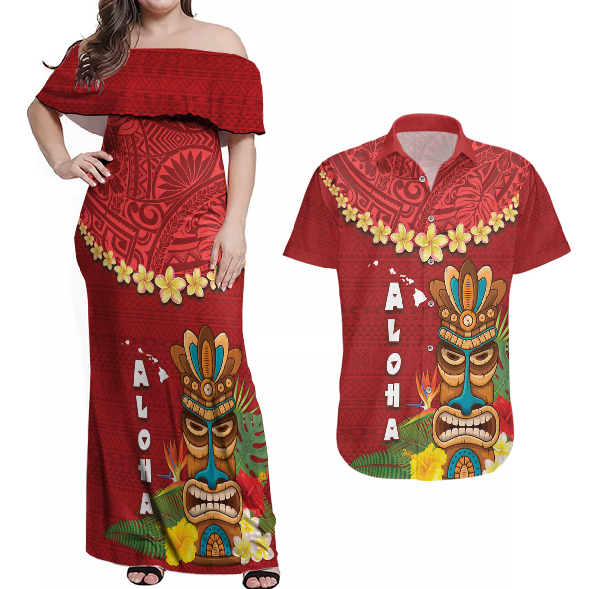Hawaii Plumeria Lei Couples Matching Off Shoulder Maxi Dress and Hawaiian Shirt Tiki and Kakau Pattern Red Color LT03 Red - Polynesian Pride