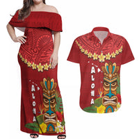 Hawaii Plumeria Lei Couples Matching Off Shoulder Maxi Dress and Hawaiian Shirt Tiki and Kakau Pattern Red Color LT03 Red - Polynesian Pride