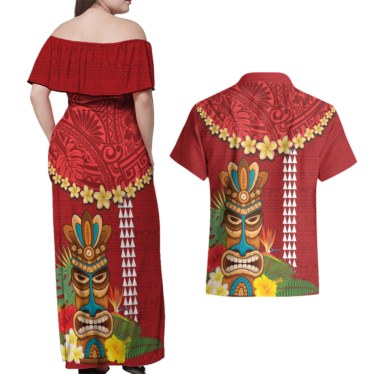 Hawaii Plumeria Lei Couples Matching Off Shoulder Maxi Dress and Hawaiian Shirt Tiki and Kakau Pattern Red Color LT03 - Polynesian Pride