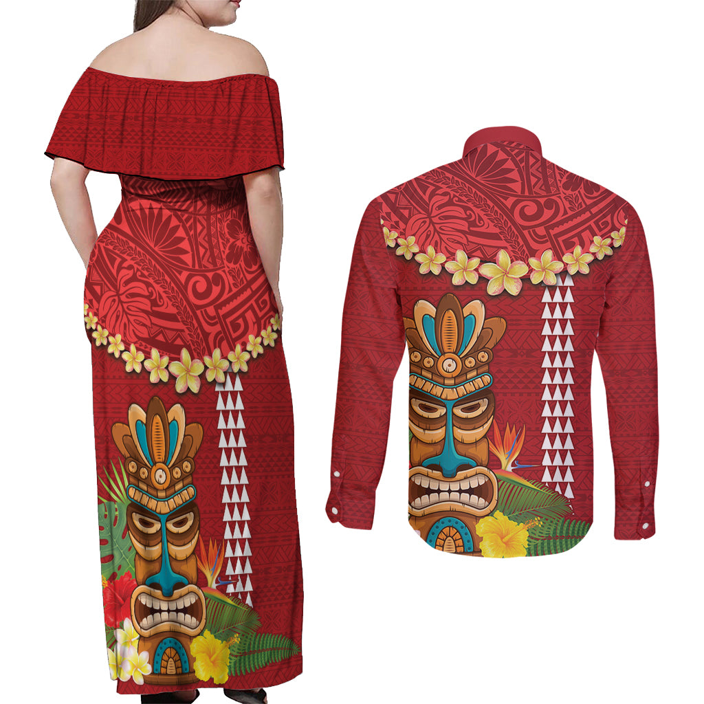 Hawaii Plumeria Lei Couples Matching Off Shoulder Maxi Dress and Long Sleeve Button Shirt Tiki and Kakau Pattern Red Color