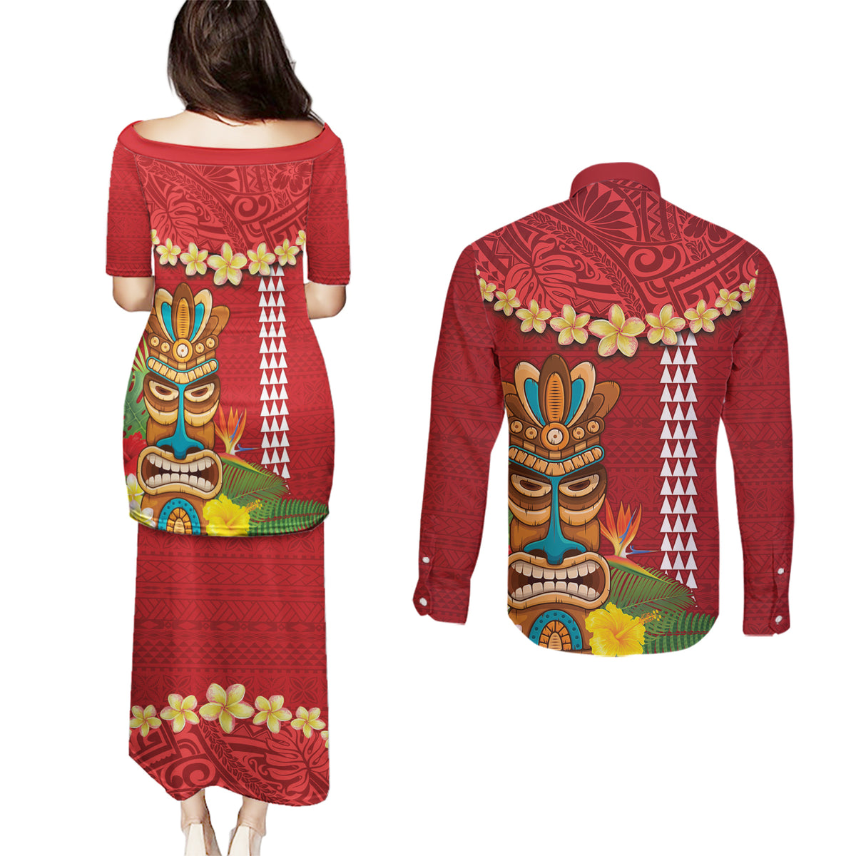 Hawaii Plumeria Lei Couples Matching Puletasi and Long Sleeve Button Shirt Tiki and Kakau Pattern Red Color