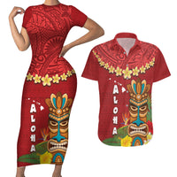 Hawaii Plumeria Lei Couples Matching Short Sleeve Bodycon Dress and Hawaiian Shirt Tiki and Kakau Pattern Red Color LT03 Red - Polynesian Pride