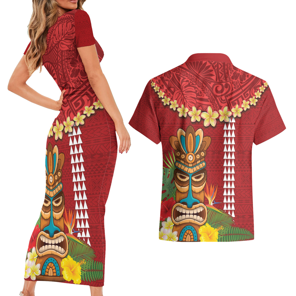 Hawaii Plumeria Lei Couples Matching Short Sleeve Bodycon Dress and Hawaiian Shirt Tiki and Kakau Pattern Red Color LT03 - Polynesian Pride