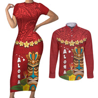 Hawaii Plumeria Lei Couples Matching Short Sleeve Bodycon Dress and Long Sleeve Button Shirt Tiki and Kakau Pattern Red Color