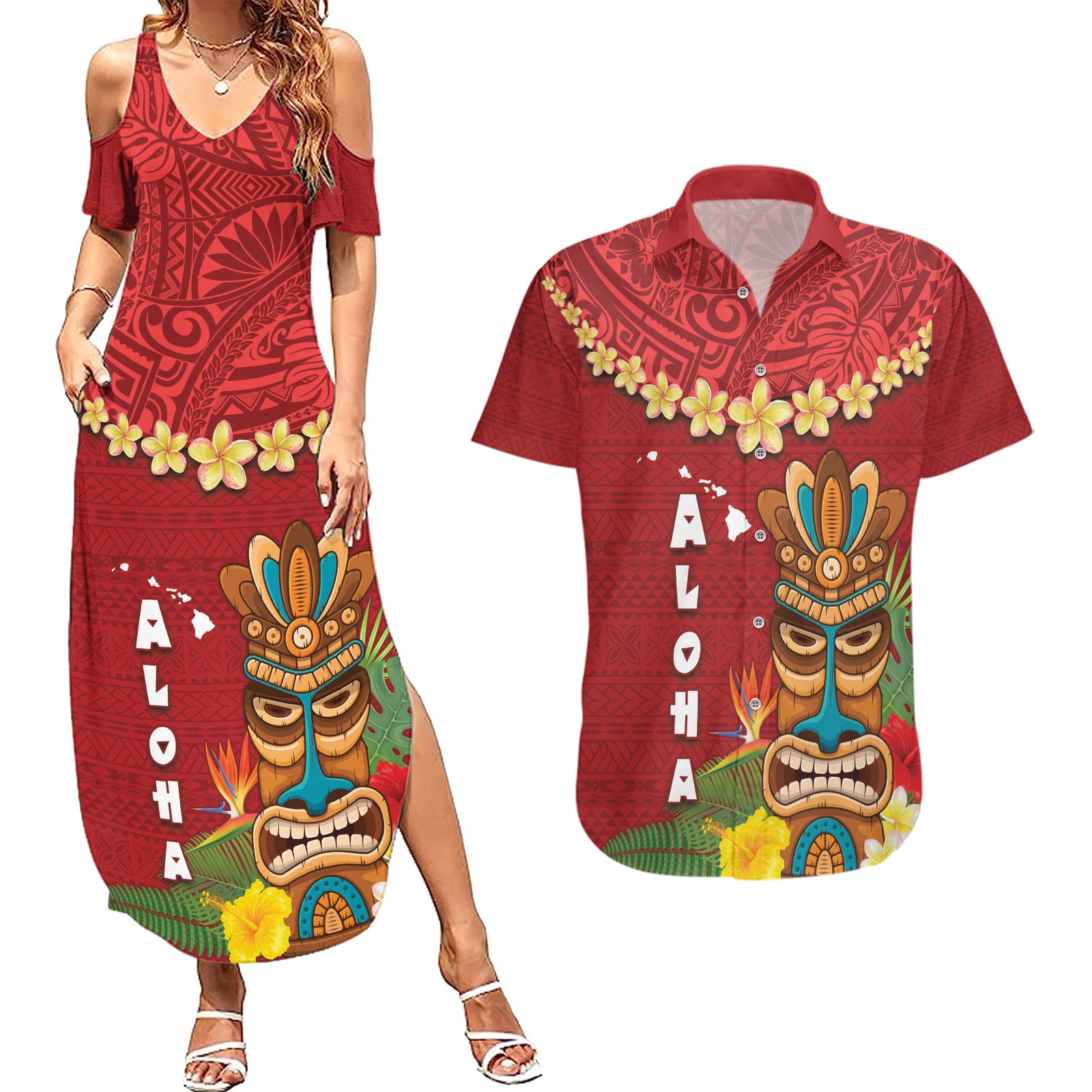 Hawaii Plumeria Lei Couples Matching Summer Maxi Dress and Hawaiian Shirt Tiki and Kakau Pattern Red Color