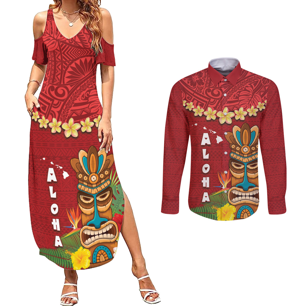 Hawaii Plumeria Lei Couples Matching Summer Maxi Dress and Long Sleeve Button Shirt Tiki and Kakau Pattern Red Color
