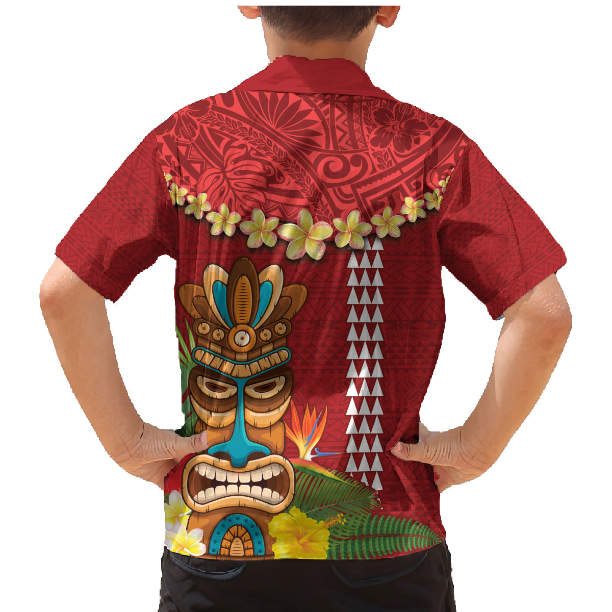 Hawaii Plumeria Lei Family Matching Mermaid Dress and Hawaiian Shirt Tiki and Kakau Pattern Red Color LT03 - Polynesian Pride