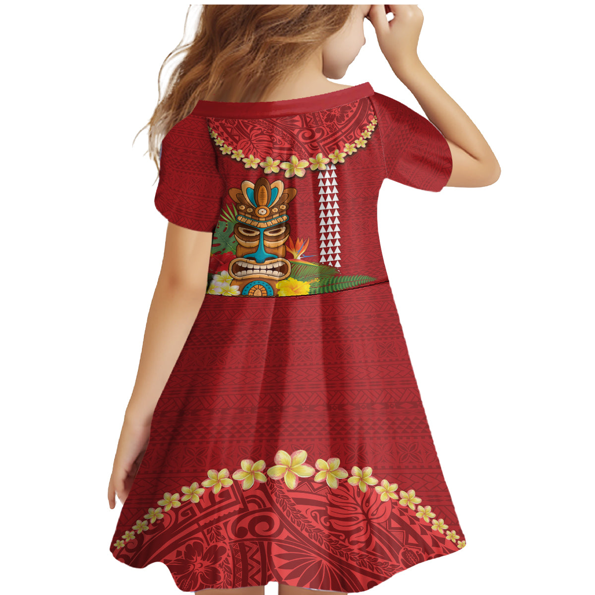 Hawaii Plumeria Lei Family Matching Mermaid Dress and Hawaiian Shirt Tiki and Kakau Pattern Red Color LT03 - Polynesian Pride
