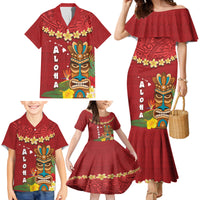 Hawaii Plumeria Lei Family Matching Mermaid Dress and Hawaiian Shirt Tiki and Kakau Pattern Red Color LT03 - Polynesian Pride