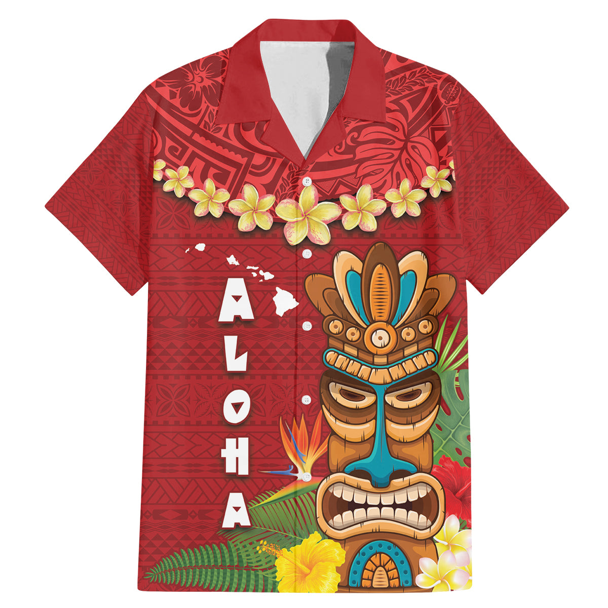 Hawaii Plumeria Lei Family Matching Mermaid Dress and Hawaiian Shirt Tiki and Kakau Pattern Red Color LT03 Dad's Shirt - Short Sleeve Red - Polynesian Pride