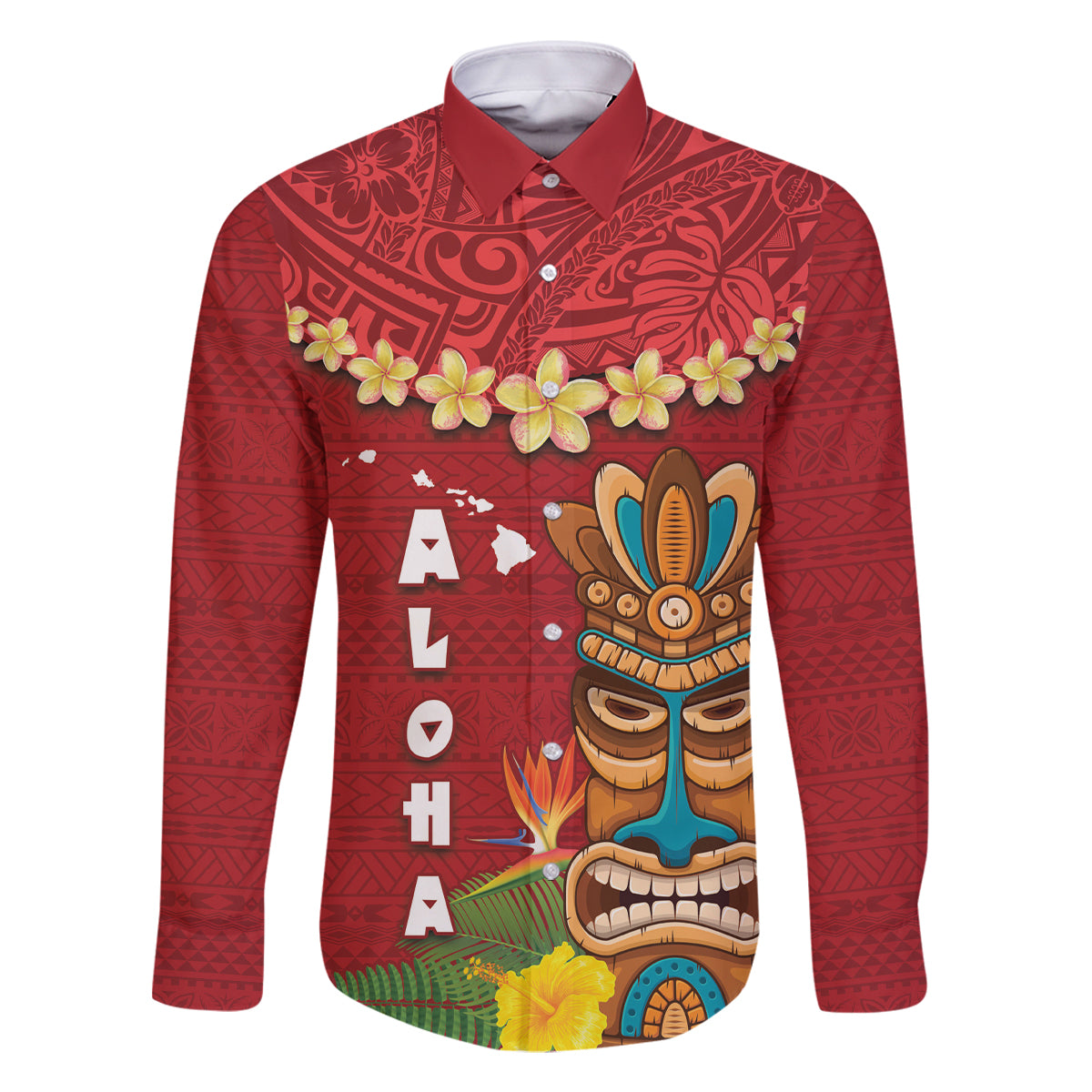 Hawaii Plumeria Lei Family Matching Mermaid Dress and Hawaiian Shirt Tiki and Kakau Pattern Red Color LT03 Dad's Shirt - Long Sleeve Red - Polynesian Pride