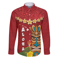 Hawaii Plumeria Lei Family Matching Mermaid Dress and Hawaiian Shirt Tiki and Kakau Pattern Red Color LT03 Dad's Shirt - Long Sleeve Red - Polynesian Pride