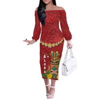 Hawaii Plumeria Lei Family Matching Off The Shoulder Long Sleeve Dress and Hawaiian Shirt Tiki and Kakau Pattern Red Color