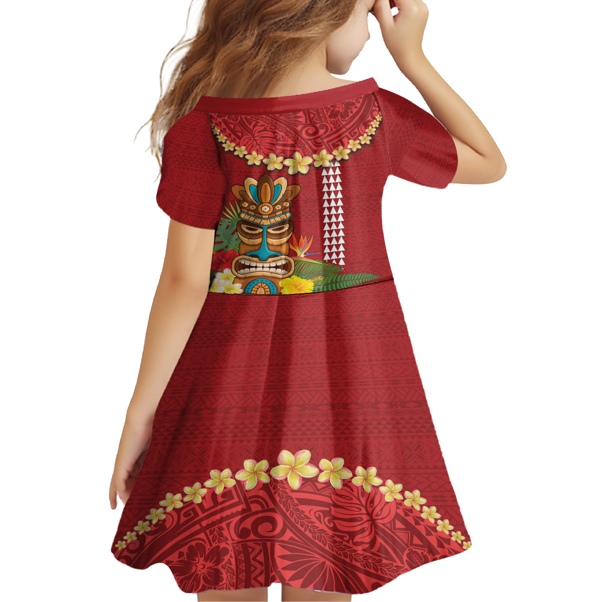 Hawaii Plumeria Lei Family Matching Off Shoulder Maxi Dress and Hawaiian Shirt Tiki and Kakau Pattern Red Color LT03 - Polynesian Pride