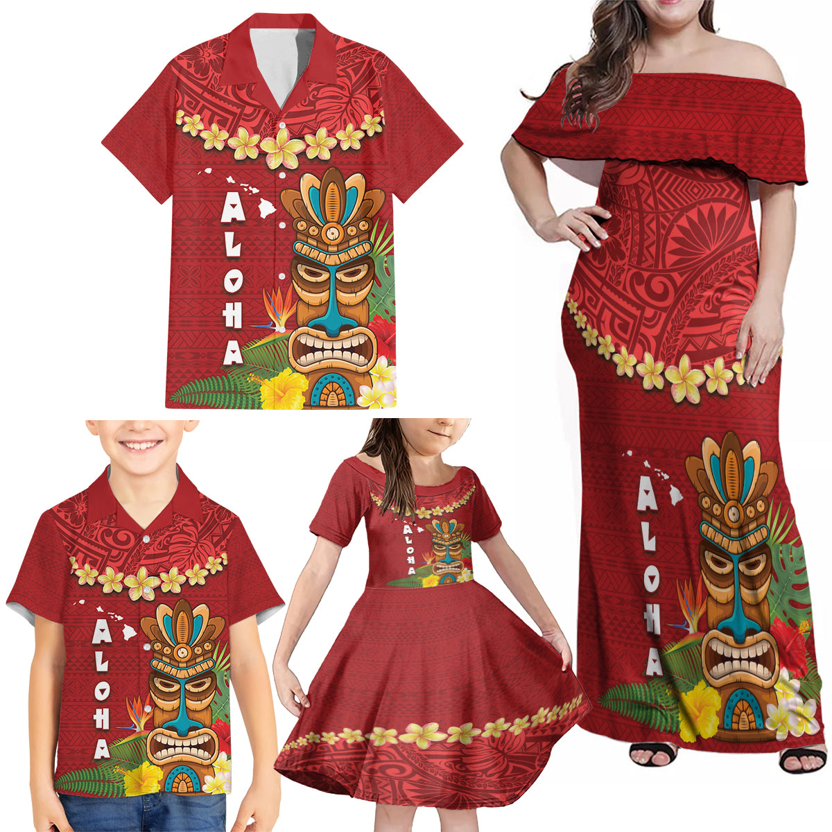 Hawaii Plumeria Lei Family Matching Off Shoulder Maxi Dress and Hawaiian Shirt Tiki and Kakau Pattern Red Color LT03 - Polynesian Pride