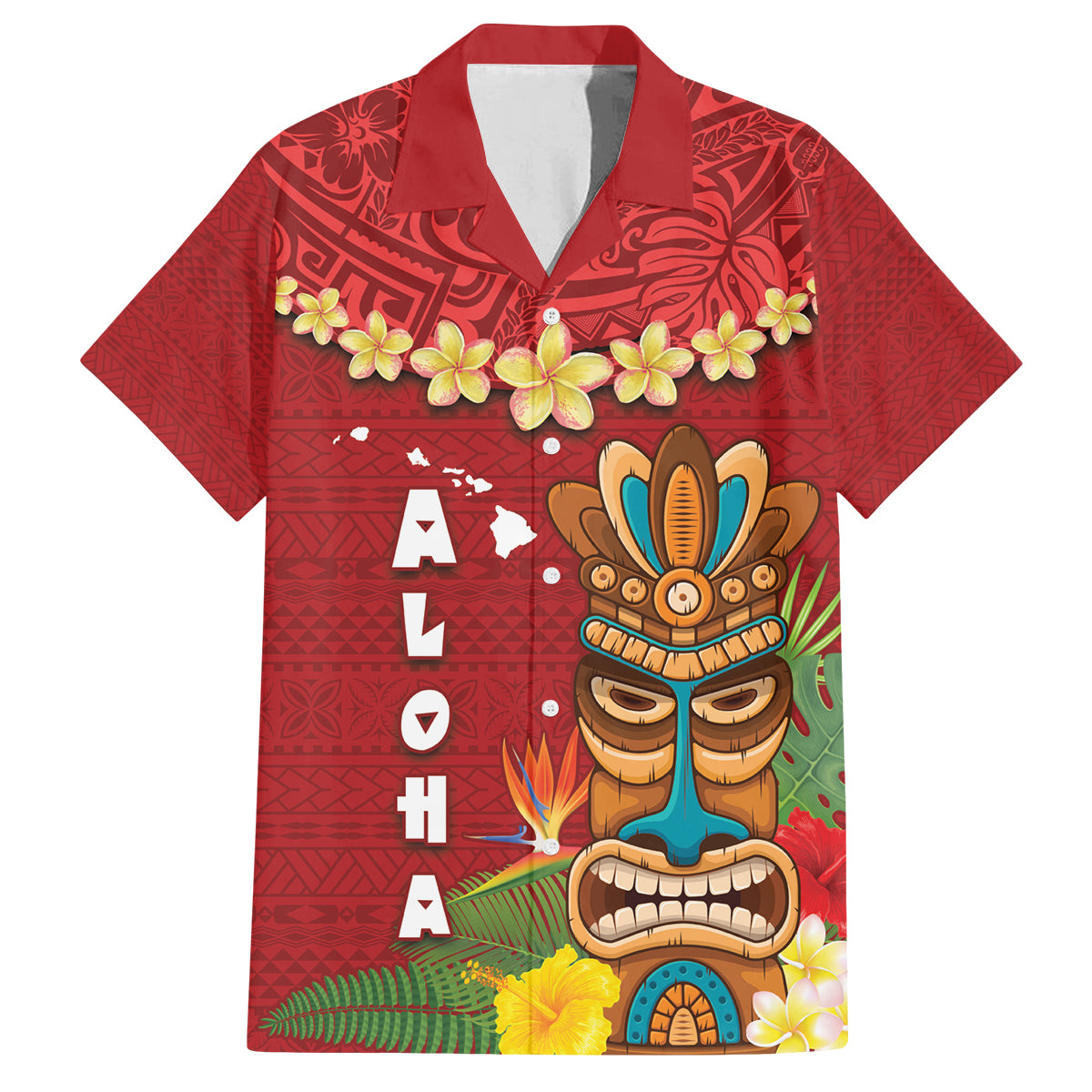 Hawaii Plumeria Lei Family Matching Off Shoulder Maxi Dress and Hawaiian Shirt Tiki and Kakau Pattern Red Color LT03 Dad's Shirt - Short Sleeve Red - Polynesian Pride